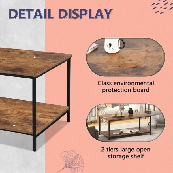 SENIG 2-Tier Coffee Table with Storage Shelf for Living Spaces, Brown Rectangle Wood and Sturdy Metal Side End Table, Functional Center Table for Living Room, 39.3 x 20 x 16 - Image 5