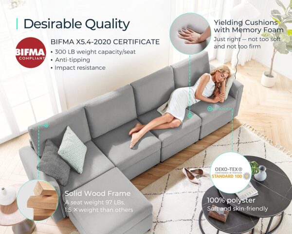 LINSY HOME Modular Sectional Sofa, Convertible L Shaped Sofa Couch with Storage, Memory Foam, Modular Sectionals with Ottomans, 5 Seat Sofa Couch with Chaise for Living Room, Grey - Image 4