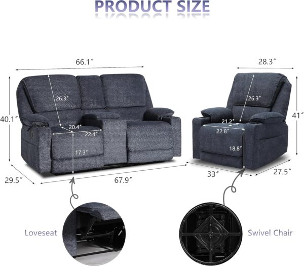 KIGOTY Loveseat and Recliner Chair, Living Room Set, 2-Piece Recliner Furniture Sofa, with Rocking Recliner Chair with Cup Houlders for Living Room, Home Theater,Navy Blue - Image 2