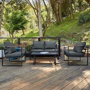 EAST OAK Courtyard Patio Furniture Set, 4-Piece Outdoor Patio Set with Sofa, Removable & Washable Deep Seating Cushion, Tempered Glass Table, Outside Patio Conversation Sets, Black & Dark Grey