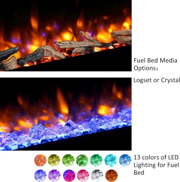 PuraFlame Alice 40 Inches Recessed Electric Fireplace, Flush Mounted for 2 X 6 Stud, Log Set & Crystal, 1500W Heater, Black - Image 3