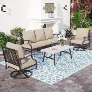 Patio Furniture Set, 4 Piece Modern Metal Outdoor Patio Furniture, 3 Seater Couch, 2 swivel Chairs, Coffee Table and 5.75" Extra Thick Cushion, Patio Conversation Set for Backyard Deck