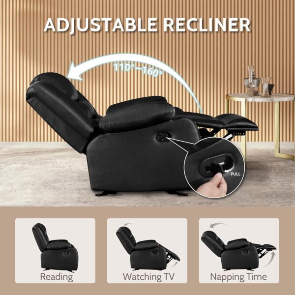 PrimeZone Oversized Rocker Recliner Chair - Comfy Wide Lazy Boy Recliner Chair with Overstuffed Armrest, Faux Leather Manual Reclining Chair for Living Room, Bedroom, Home Theater Seating, Black - Image 4