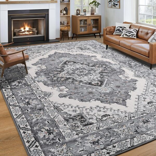 Noahas Grey 6x9 Area Rugs for Living Room, Vintage Machine Washable Rug,Low Pile Print Large Rug with Rubber Backing Non-Slip Carpet for Bedroom,Kitchen,Dining Room,Home Office,Home Decor