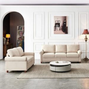 Harper & Bright Designs Classical Upholstred Sofa Set with Stoage, Nailhead Trim and Wood Legs, Living Room Beige Sofa Set with 3-Seat Couch and 2-Seat Loveseat