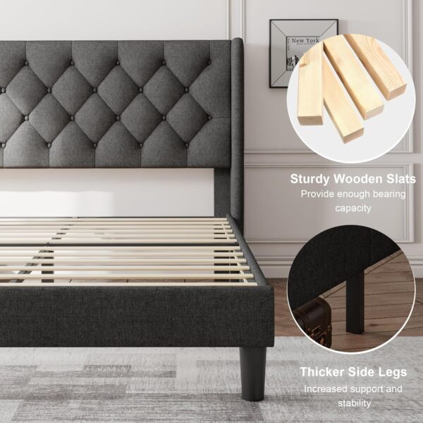 Feonase Queen Size Bed Frame with Diamond Tufted Wingback Headboard, Morden Upholstered Platform Bed, Sturdy Wooden Slats Support, Noise-Free, No Box Spring Needed, Easy Assembly, Dark Grey - Image 5
