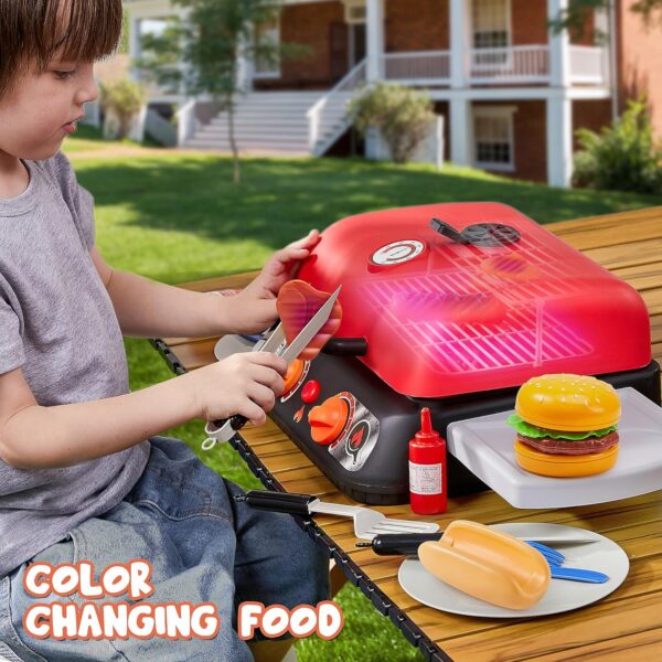 Kids BBQ Grill Playset, Kitchen Toy Set with Pretend Smoke, Light, Sound & Color-Changing Food, Toy Kitchen Accessories, Indoor Outdoor Cooking Toy for Boys Girls Kids - Image 6