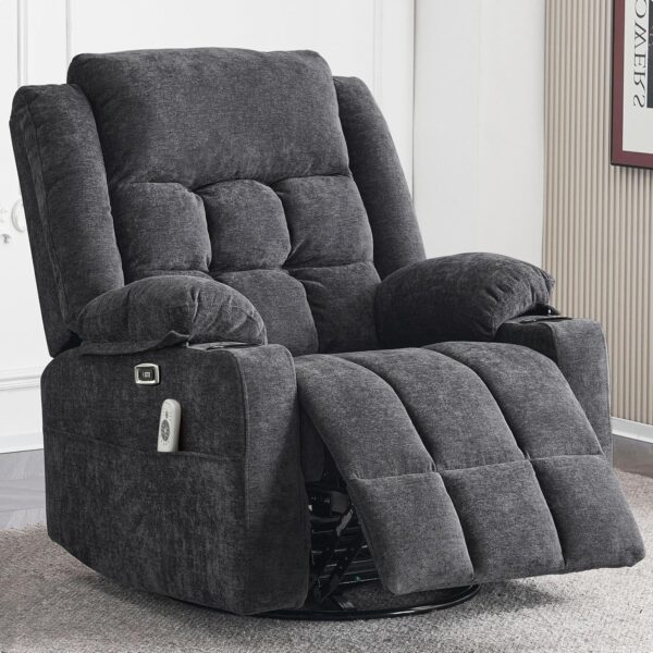 Power Swivel Rocker Recliner Massage Chair, USB and Type-C Ports, Electric Recliner Glider Reading Chairs Living Room, Upholstered Soft Fabric Reclining Sofa Chair (Dark Grey) - Image 2