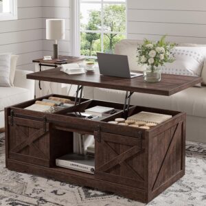 EnHomee Farmhouse Coffee Table with Storage, 35.5" W Large Square Coffee Table for Living Room, Wood Center Table with Flip-Top Lids, Coffee Tables with Hinged Lift Top, Brown