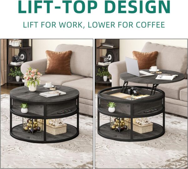DWVO Round Coffee Tables for Living Room,Lift Top Coffee Table with Storage, Farmhouse Wood Coffee Table,Circle Coffee Tables Living Room for Home Office,Grey - Image 7