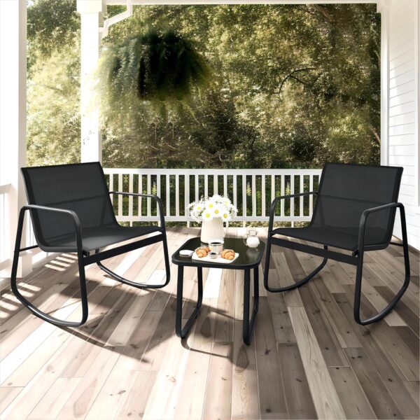 YITAHOME 3 Piece Patio Furniture Set with Rocking Bistro Chairs and Glass Table, Textilene Fabric Small Outdoor Conversation Furniture Set for Backyard, Lawn, Garden, Balcony, Poolside (Black) - Image 7