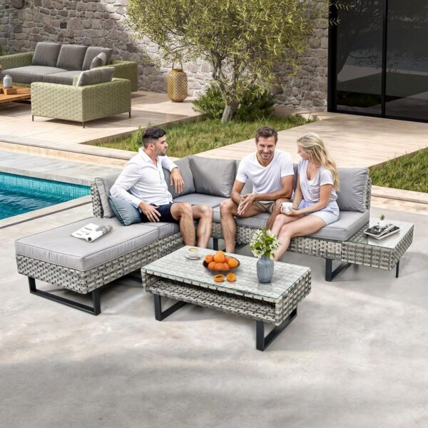 DWVO Patio Furniture Set, Sectional L-Shaped Sofa, for Patio Backyard Poolside Porch, Wicker Conversation Set with Coffee Table & Cushions, Detachable Lounger, All-Weather Rattan, Grey - Image 2