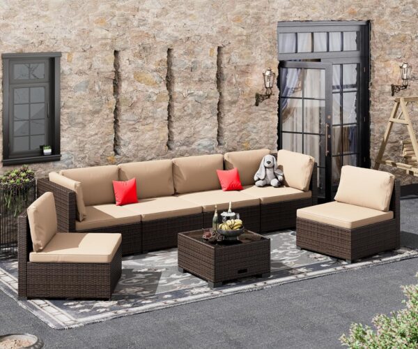 7 Piece Patio Furniture Set, Outdoor Furniture Patio Sectional Sofa, All Weather PE Rattan Outdoor Sectional with Beige Cushion and Glass Table, Clips. - Image 3