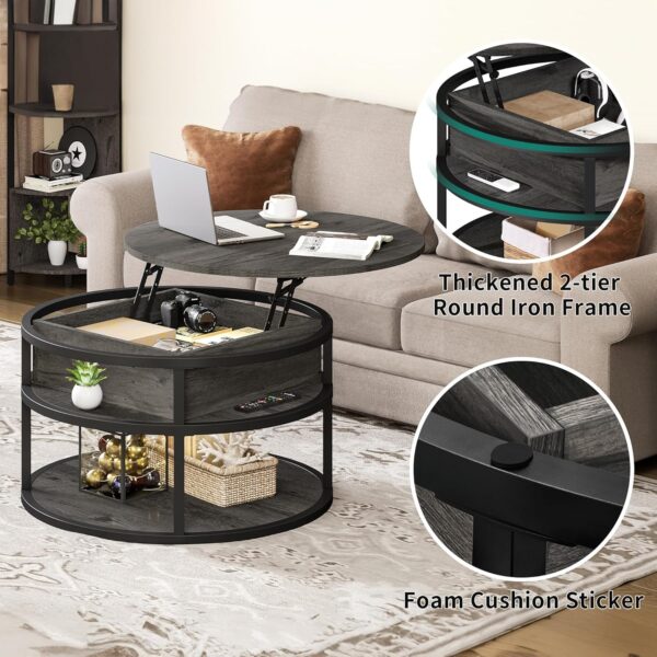 DWVO Round Coffee Tables for Living Room,Lift Top Coffee Table with Storage, Farmhouse Wood Coffee Table,Circle Coffee Tables Living Room for Home Office,Grey - Image 5