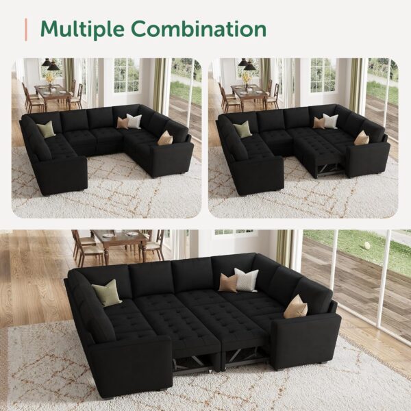 HONBAY Modular Sectional Sleeper Sofa with Pull Out Bed, Velvet Convertible U Shaped Sectional Couch with Storage Seat, Sectional Couches for Living Room, Balck - Image 4