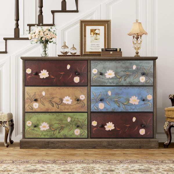 finetones 47.5’’ Wide Dressers & Chests of Drawers, 6 Drawer Dresser Boho Dresser TV Stand, Wood Dresser Vintage Dresser Chest of Drawers for Home, 47.5W x 16.7D x 31.9H Inch - Image 5