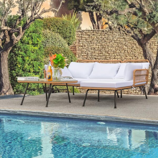Devoko Outdoor Patio Furniture Set, Outdoor Sectional Conversation Rope Woven L-Shaped Sofa Set with Patio Table and Thick Cushions for Backyard Porch Balcony Garden, White - Image 7