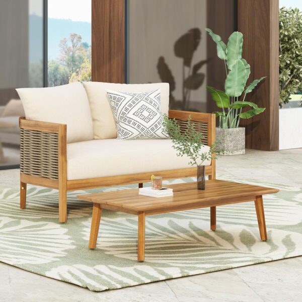 Merax Patio Furniture Outdoor Acacia Wood Wicker Conversation Set 2 Seater with Loveseat and Coffetable for Backyard, Beige - Image 4