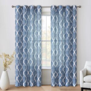 Beauoop Linen Semi Sheer Curtains 84 Inches Long 2 Panels for Bedroom Living Room Blue Moroccan Geo Farmhouse Light Filtering Privacy Textured Grommet Top Window Treatments Drapes, 50x84 2 Set