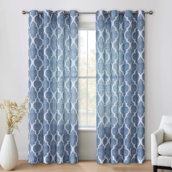 Beauoop Linen Semi Sheer Curtains 84 Inches Long 2 Panels for Bedroom Living Room Blue Moroccan Geo Farmhouse Light Filtering Privacy Textured Grommet Top Window Treatments Drapes, 50x84 2 Set