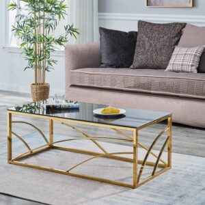 ENJAOUSLF Gold Glass Coffee Table for Living Room 47.24" Stainless Steel Coffee Table Rectangular Accent Glass Table with Dark Grey Glass Top and Gold Coffee Table Frame