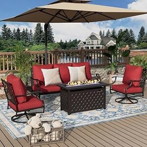Patio Furniture Set, 4 Pcs Metal Outdoor Conversation Set, 2 Swivel Chairs and 3 Seater Sofa with 5.75" Extra Thick Cushion and Gas Fire Pit Table for Backyard Deck, Red