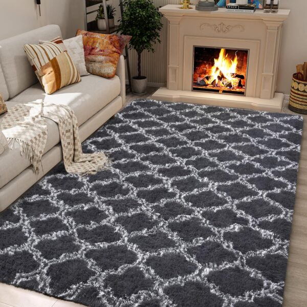 LOCHAS Luxury Shag Area Rug 5x8 Feet Geometric Plush Fluffy Rugs, Extra Soft Carpet Moroccan Rugs for Bedroom Living Room Dorm Kids, High Pile Shaggy Floor Rug Decor, Dark Grey/White - Image 3