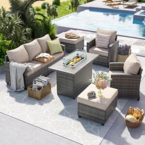 UDPATIO Outdoor Patio Furniture Set with 44" Fire Pit Table, 6 Pieces Sectional Conversation Sets, All-Weather Wicker Rattan Sofa Ottoman with 4" Thick Cushion for Garden Backyard Deck, Dark Grey