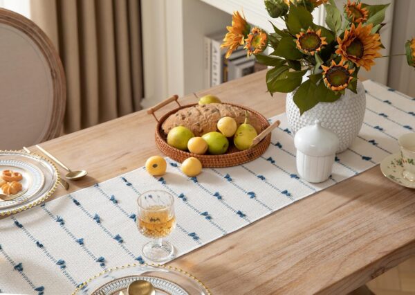 Caflife Boho Table Runner 108 Inchs Long for Modern Farmhouse Room Home Decor, Blue and Beige Coffee Table Runner, Natural Cotton Woven with Tassels Neutral, for Kitchen Dining Table Decor - Image 6