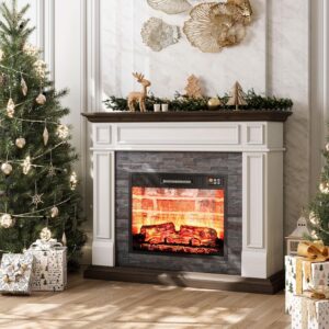 LGHM 44" Electric Fireplace with Mantel, Portable Freestanding Wood Stove Heater, Realistic 3D Dancing Flame Effect and Stacked Stone Surround, Remote Control Timer for Living Room, Bedroom