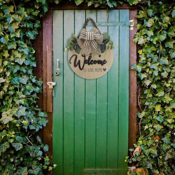 3D Welcome Sign for Front Door | Home/Farmhouse Porch Décor Wooden Hanging Sign with Artificial Leaves and Rustic Beads | Christmas Classroom |12" Round - Image 6