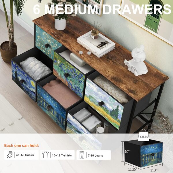 EXOTICA 6 Drawer Dresser for Bedroom Van Gogh Chest of Drawers Wide TV Stands Fabric Storage Drawer Unit for Living Room Entryway Closet Sturdy Steel Frame Wood Top - Image 4