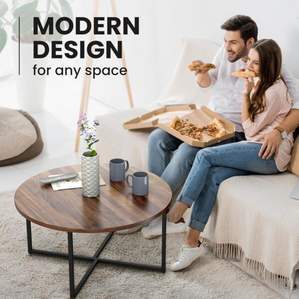 Round Coffee Table for Living Room | Circular Wooden Top and Metal Frame - Rustic Brown - Image 4