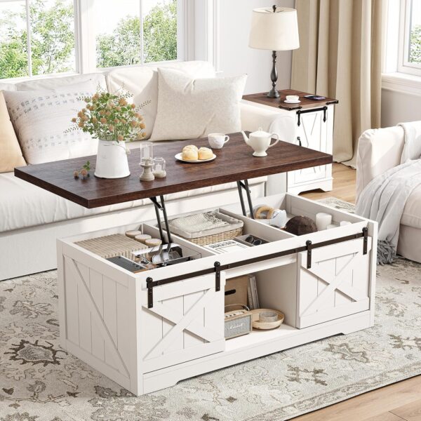 EnHomee Farmhouse Coffee Table with Storage, 35.5" W Large Square Coffee Table for Living Room, Wood Center Table with Flip-Top Lids, Coffee Tables with Hinged Lift Top, Rustic White - Image 3