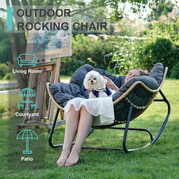 SWITTE Outdoor Rocking Chair, Patio Egg Rocking Chair, Indoor Papasan Chair, Rattan Wicker Lounge Chair, Modern Royal Chair for Bedroom, Living Room, Porch, Garden, Lawn-Dark Grey - Image 4