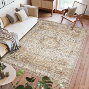 Area Rug 9x12 Living Room: Soft Large Washable Rugs with Non-Slip Rubber Backing Stain Resistant Modern Indoor Boho Vintage Carpet for Bedroom Dining Nursery Room Home Office (Beige/Brown)