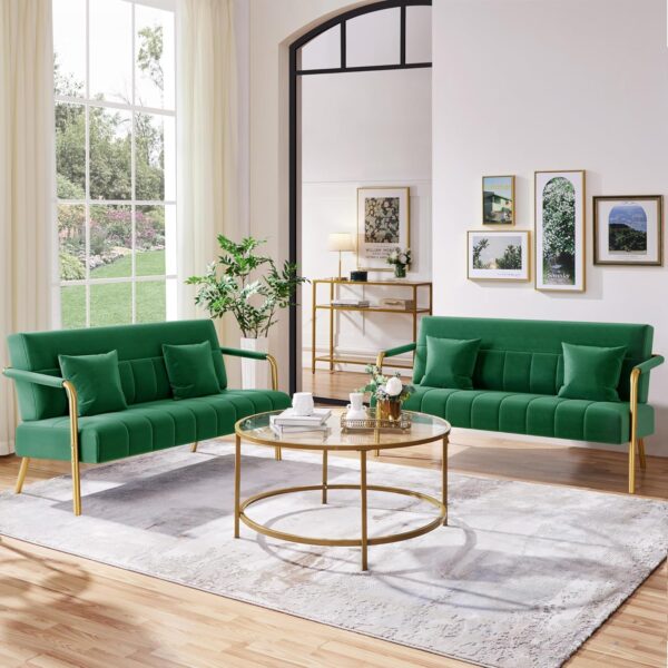 Yaheetech 56.5" W Modern Loveseat 2 Seater Sofa Luxurious Velvet Fabric Couch with Gold-Tone Metal Arms and Legs for Living Room, Home Office, Studio Green - Image 3