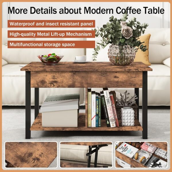 Industrial Lift Top Coffee Table with Hidden Storage Compartment & Storage Shelf, Dining Center Table for Living Room Reception Room, Rustic Brown and Black, Easy Assembly - Image 5