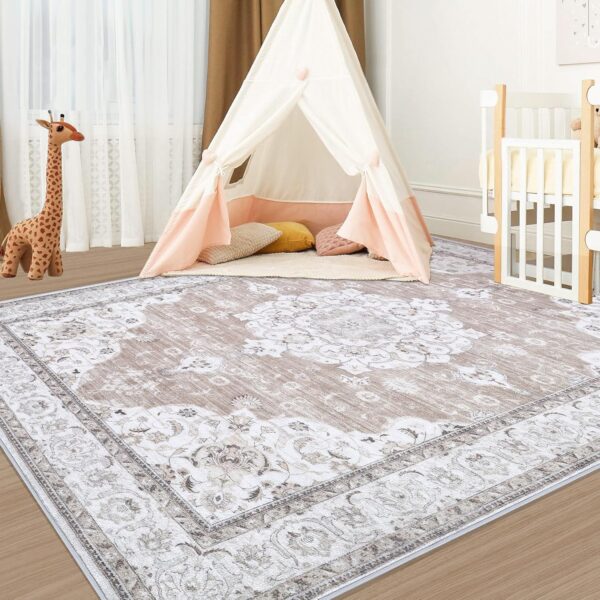 Vintage Living Room Area Rug - 6x9 Large Machine Washable Boho Moroccan Distressed Farmhouse Rugs for Bedroom - Soft Non-Slip Indoor Floor Accent Rugs for Office Dining Room (Cream Ivory, 6'x9') - Image 5