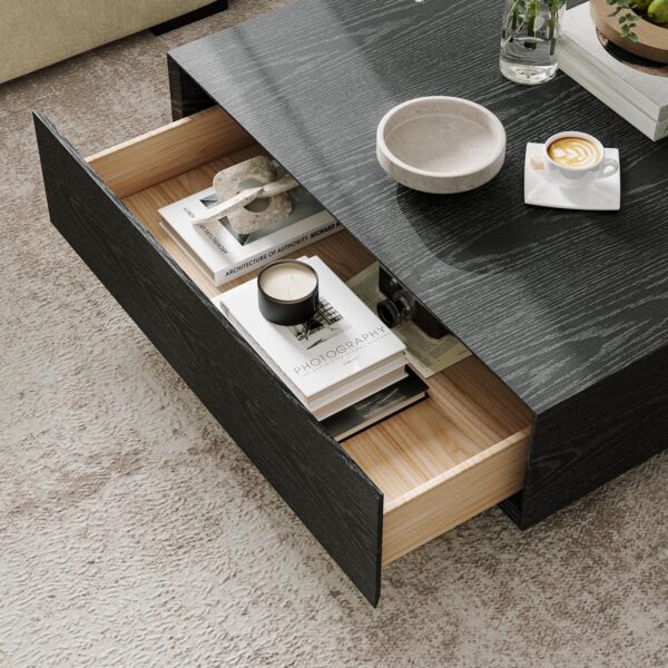 POVISON Mid Century Modern Coffee Table with Storage, Square Coffee Table with Drawers, 35.43" Wood Coffee Table for Living Room Home Office, Fully-Assembled Black Coffee Table - Image 4