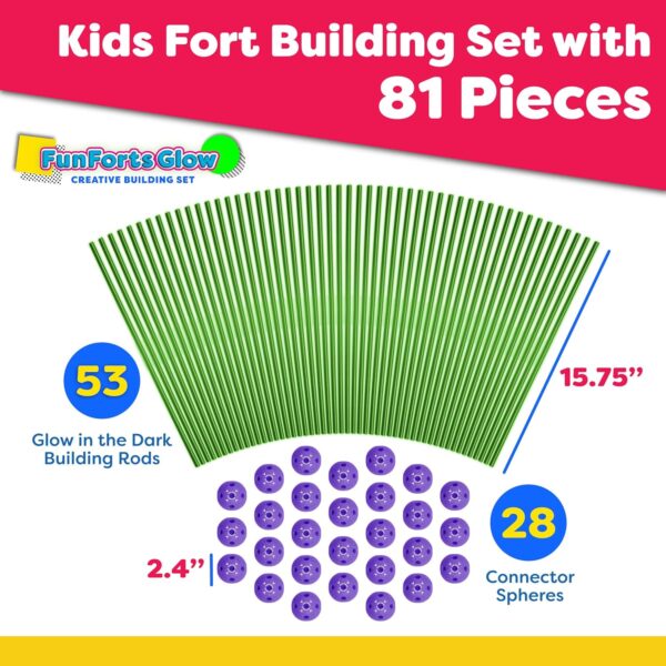 Fun Forts Glow Fort Building Kit for Kids - 81 Pack Glow in The Dark STEM Building Toys Indoor Outdoor Play Tent for Kids Construction Toys with 53 Rods and 28 Spheres - Image 6