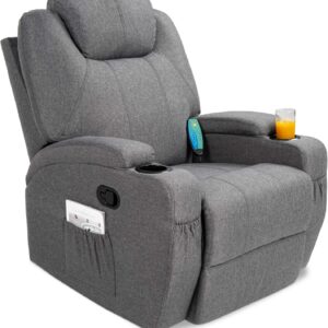 Best Choice Products Executive Linen Fabric Swivel Electric Massage Recliner Chair w/Remote Control, 5 Heat & Vibration Modes, 2 Cup Holders, 4 Pockets - Gray