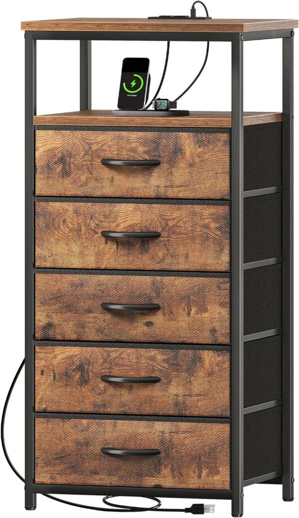 5 Drawers Dresser with Charging Station, Dresser for Bedroom, Tall Night Stand, Chest of Drawers with Open Shelf, Bedside Table Nightstand, Fabric Dresser, for Entryway, Rustic Brown