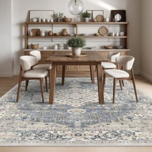 9x12 Washable Distressed Area Rugs -Living Room Bedroom Kitchen Apartment Distressed Muted Rug Non-Slip Thin Ultra Soft Low Pile Laundry Carpets