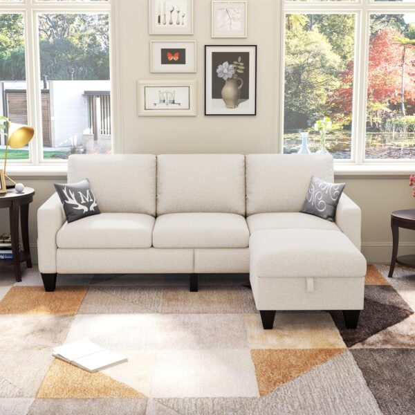 78'' Convertible Sectional Sofa Couch, Beige 3 Seat L-Shaped Couch with Storage Ottoman, Modern Linen Fabric Couches for Living Room, Apartment, Office, Small Space - Image 7