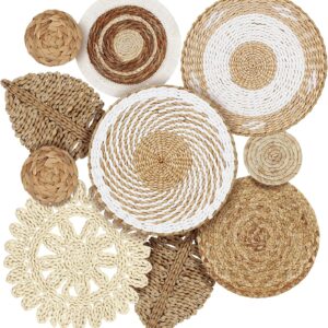 OGEMXU 10 Pcs Boho Wall Basket Decor, Round Rustic Woven Decorative, Handmade Wicker Wall decor Basket Set, Seagrass Wall Hanging for Bedroom, Living Room, Dining Table