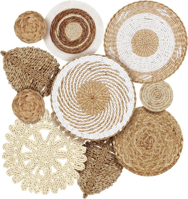 OGEMXU 10 Pcs Boho Wall Basket Decor, Round Rustic Woven Decorative, Handmade Wicker Wall decor Basket Set, Seagrass Wall Hanging for Bedroom, Living Room, Dining Table