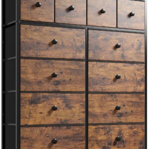 EnHomee Dresser, Dresser for Bedroom with 12 Drawers, Tall Dresser with Wooden Top and Metal Frame, Bedroom Dresser Dressers & Chests of Drawers Clearance, 40.6" W x 11.7" D x 43.7" H, Rustic Brown