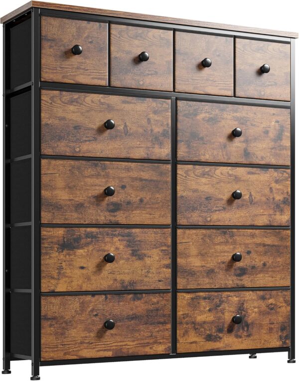 EnHomee Dresser, Dresser for Bedroom with 12 Drawers, Tall Dresser with Wooden Top and Metal Frame, Bedroom Dresser Dressers & Chests of Drawers Clearance, 40.6" W x 11.7" D x 43.7" H, Rustic Brown