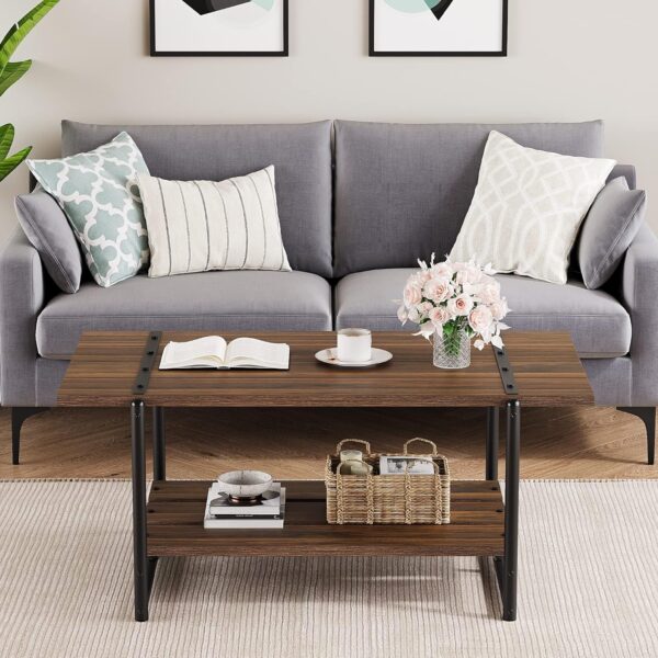 2-Tier Modern Industrial 41'' Large Wood Coffee Table with Storage Shelf - Rustic Metal Rectangle Center Living Room Coffee Table Accent Furniture for Home Office, Brown Walnut - Image 4